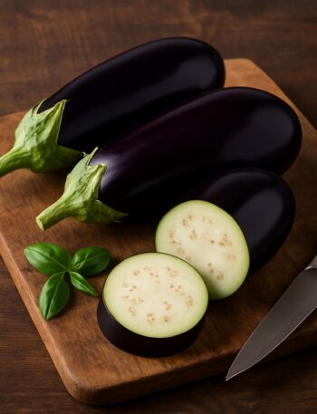 Melanzane intere e tagliate su tagliere di legno rustico con coltello da cucina e foglie di basilico fresco