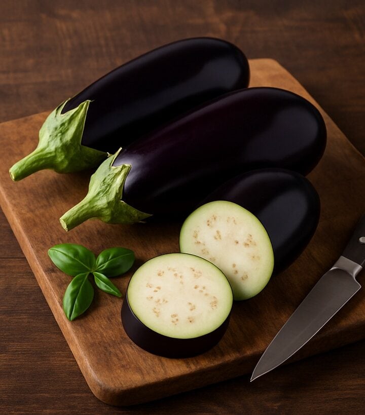 Melanzane intere e tagliate su tagliere di legno rustico con coltello da cucina e foglie di basilico fresco
