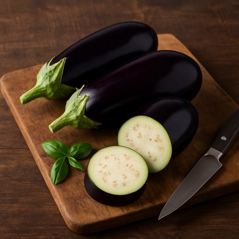 Melanzane intere e tagliate su tagliere di legno rustico con coltello da cucina e foglie di basilico fresco