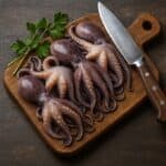 Moscardini interi freschi appoggiati su un tagliere rustico con fettine di limone e ciuffi di prezzemolo accanto