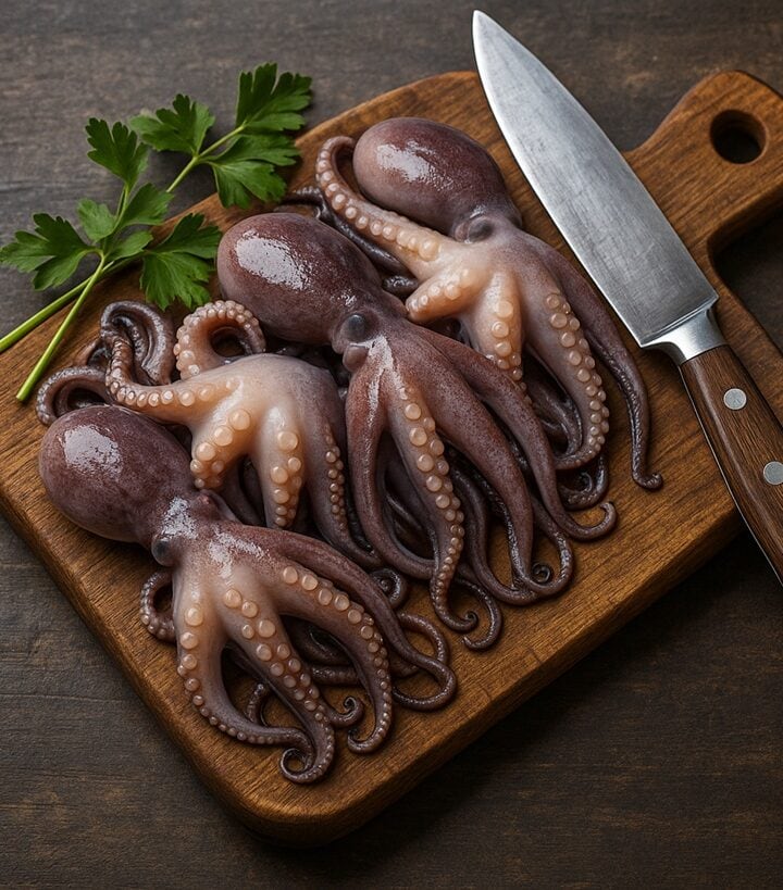 Moscardini interi freschi appoggiati su un tagliere rustico con fettine di limone e ciuffi di prezzemolo accanto