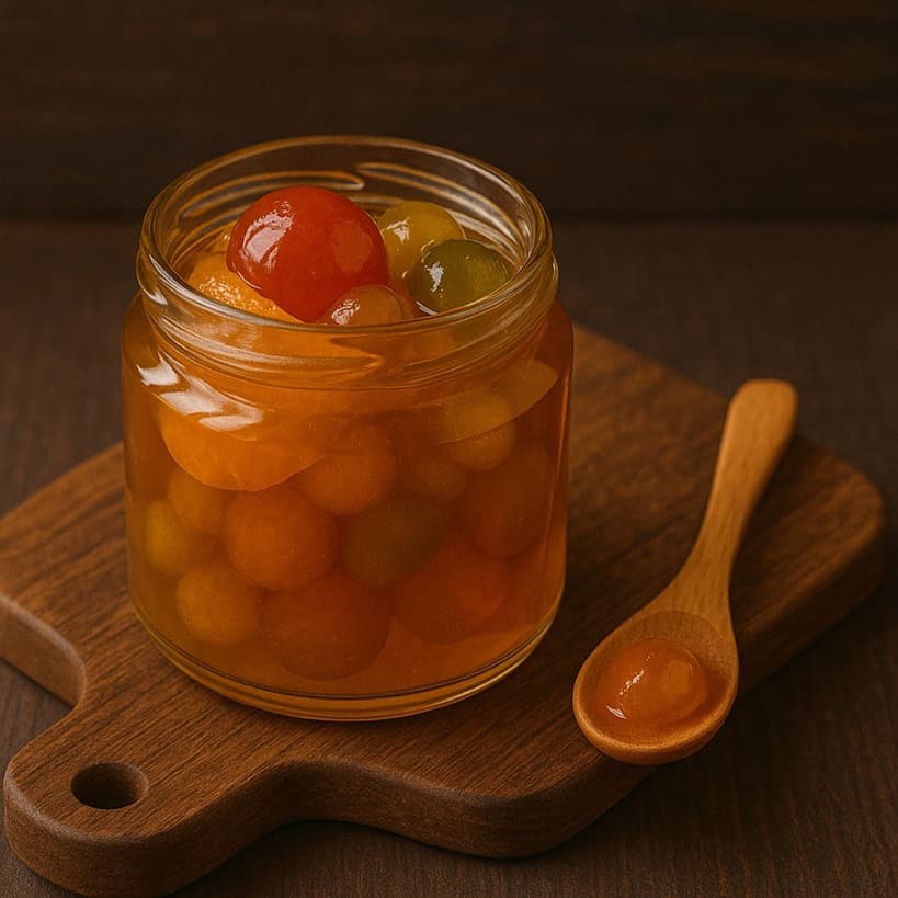 Barattolo di mostarda con frutta su tagliere rustico in legno quadrato