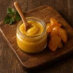 Composta di mostarda di frutta su tagliere rustico in legno con cucchiaio di legno accanto