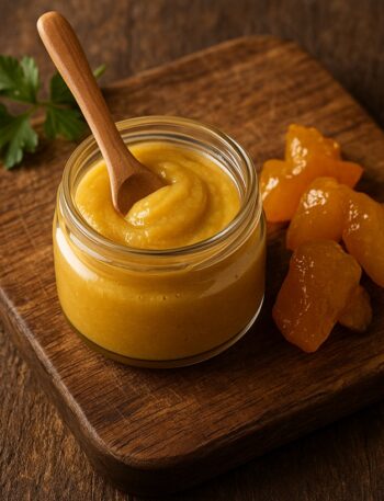 Composta di mostarda di frutta su tagliere rustico in legno con cucchiaio di legno accanto