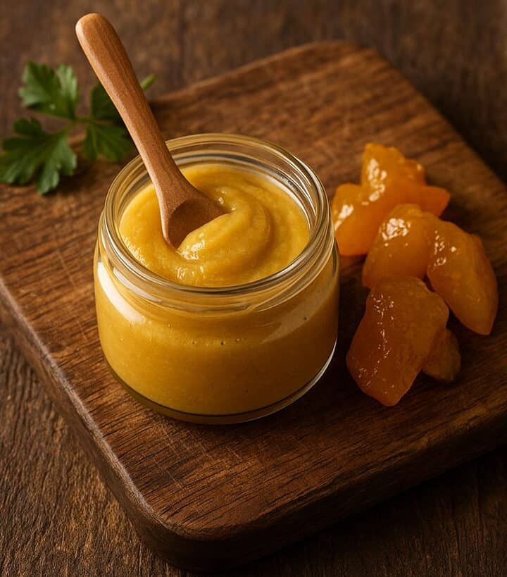 Composta di mostarda di frutta su tagliere rustico in legno con cucchiaio di legno accanto