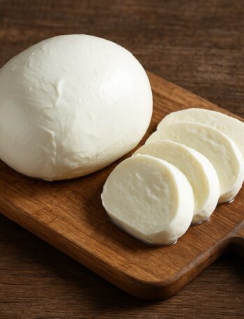 Mozzarella intera e a fette su tagliere di legno rustico