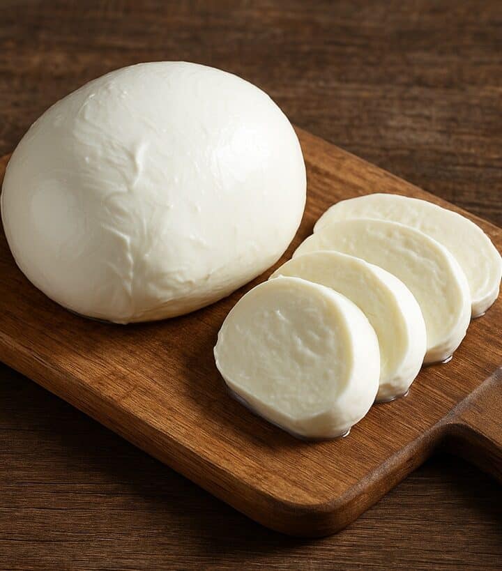 Mozzarella intera e a fette su tagliere di legno rustico