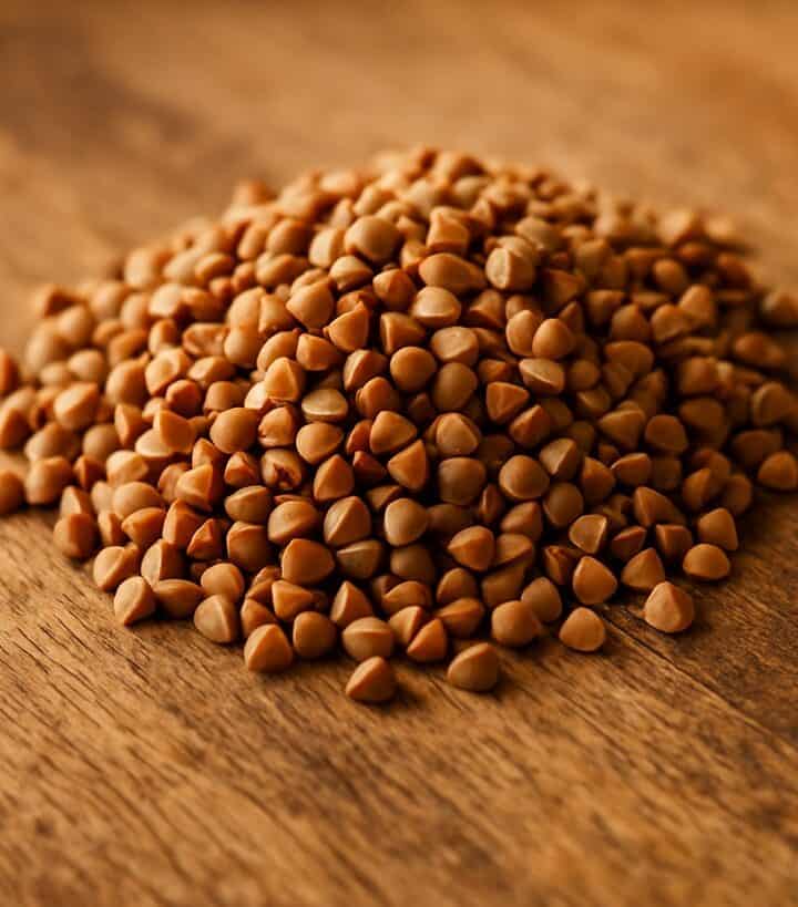 Grano saraceno crudo ammassato su superficie in legno naturale