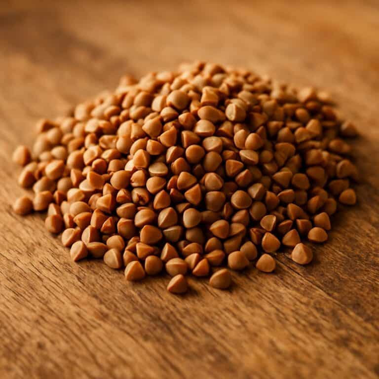 Grano saraceno crudo ammassato su superficie in legno naturale