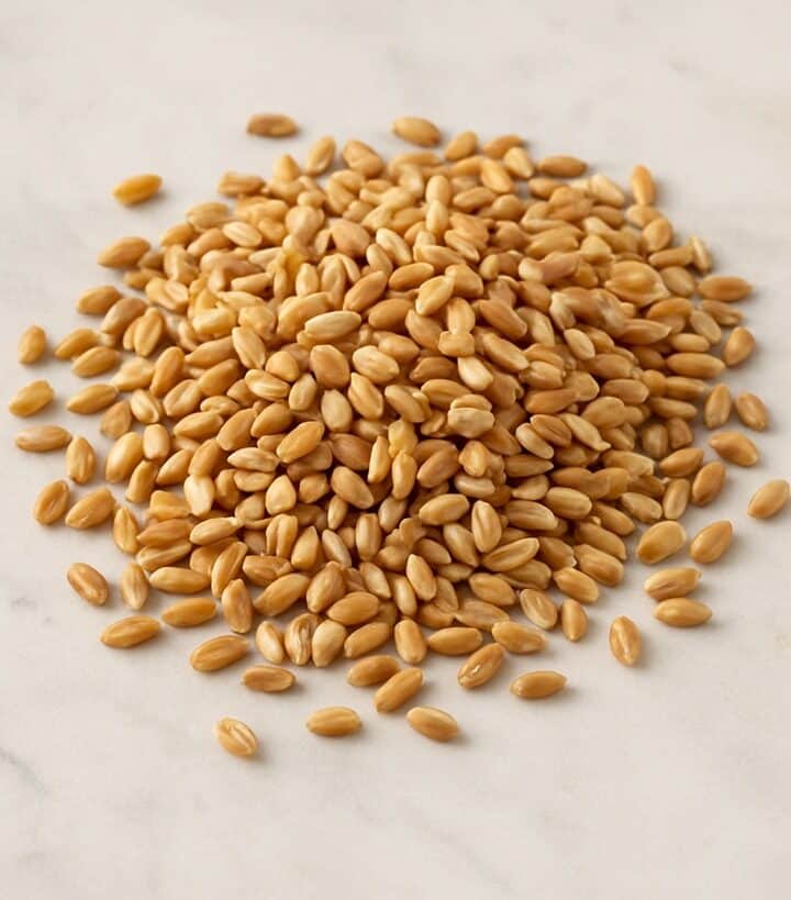 Grano dorato in primo piano su sfondo di marmo chiaro