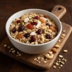 Ciotola bianca piena di muesli con frutta secca e cereali su tagliere di legno