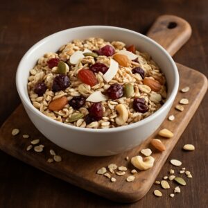 Ciotola bianca piena di muesli con frutta secca e cereali su tagliere di legno