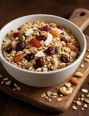 Ciotola bianca piena di muesli con frutta secca e cereali su tagliere di legno