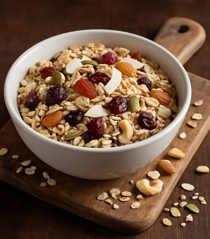 Ciotola bianca piena di muesli con frutta secca e cereali su tagliere di legno