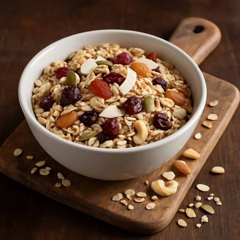 Ciotola bianca piena di muesli con frutta secca e cereali su tagliere di legno