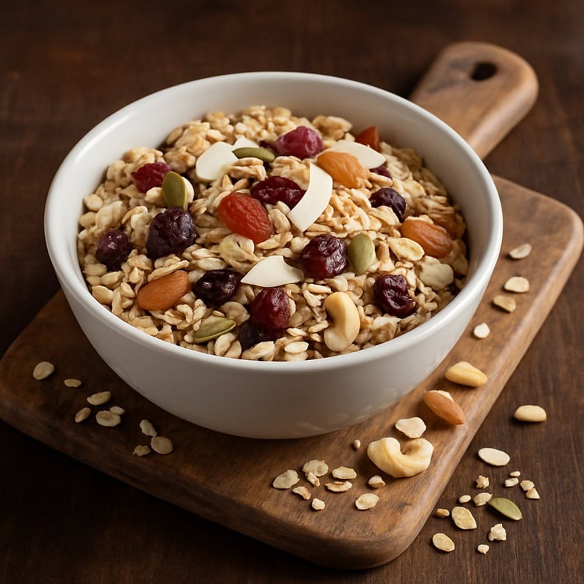 Ciotola bianca piena di muesli con frutta secca e cereali su tagliere di legno