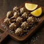 Conchiglie di murici disposte su tagliere in legno con sale grosso e fette di limone