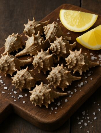 Conchiglie di murici disposte su tagliere in legno con sale grosso e fette di limone