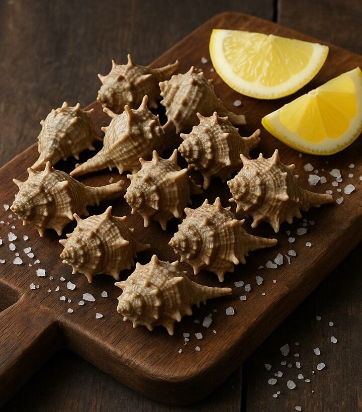 Conchiglie di murici disposte su tagliere in legno con sale grosso e fette di limone