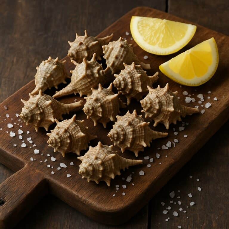 Conchiglie di murici disposte su tagliere in legno con sale grosso e fette di limone