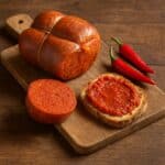 ’Nduja affettata e spalmata su pane rustico con peperoncini rossi su tagliere in legno