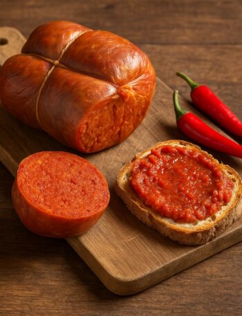 ’Nduja affettata e spalmata su pane rustico con peperoncini rossi su tagliere in legno