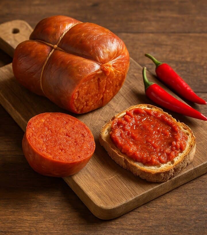’Nduja affettata e spalmata su pane rustico con peperoncini rossi su tagliere in legno