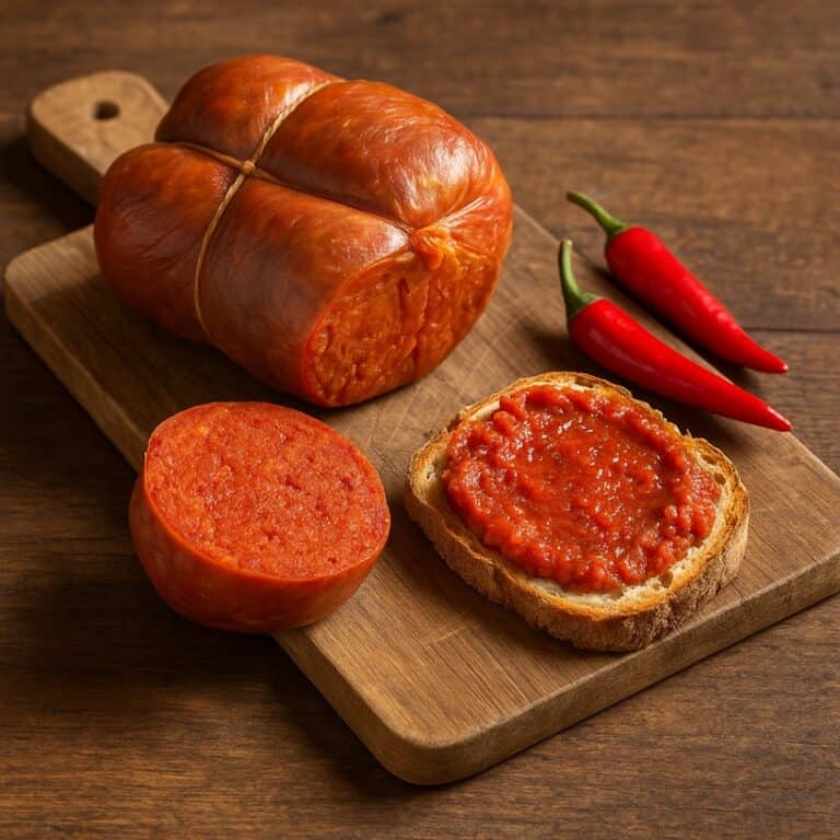 ’Nduja affettata e spalmata su pane rustico con peperoncini rossi su tagliere in legno