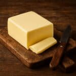 Blocco di margarina gialla su tagliere di legno con coltello da cucina