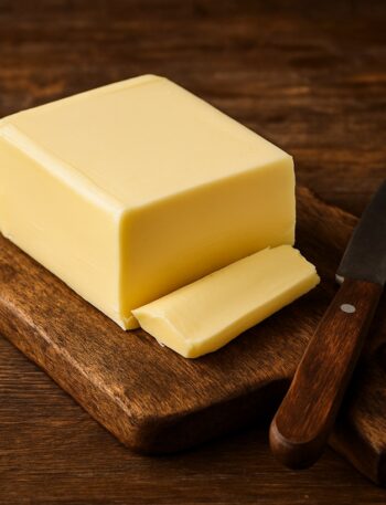 Blocco di margarina gialla su tagliere di legno con coltello da cucina