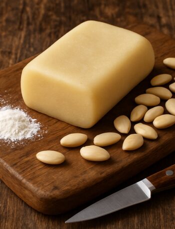Marzapane chiaro su tagliere di legno con mandorle pelate, zucchero a velo e coltello da cucina