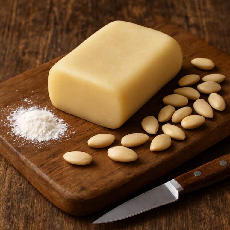 Marzapane chiaro su tagliere di legno con mandorle pelate, zucchero a velo e coltello da cucina