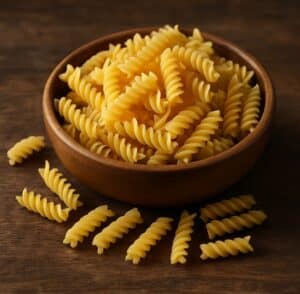 Formato di pasta eliche, in ciotola di legno con pasta sparsa su tavolo in legno
