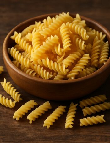 Formato di pasta eliche, in ciotola di legno con pasta sparsa su tavolo in legno