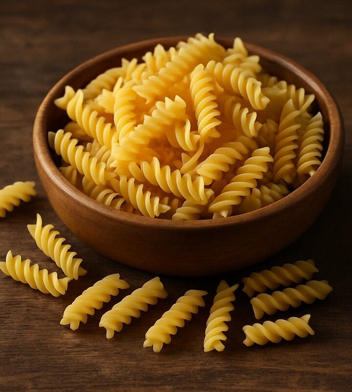 Formato di pasta eliche, in ciotola di legno con pasta sparsa su tavolo in legno