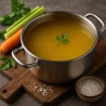 Brodo dorato servito in una pentola d’acciaio su tagliere con carota, sedano e sale grosso