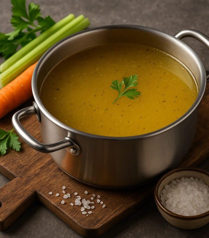 Brodo dorato servito in una pentola d’acciaio su tagliere con carota, sedano e sale grosso