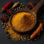 Cucchiaio di legno colmo di curry giallo circondato da spezie intere