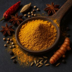 Cucchiaio di legno colmo di curry giallo circondato da spezie intere