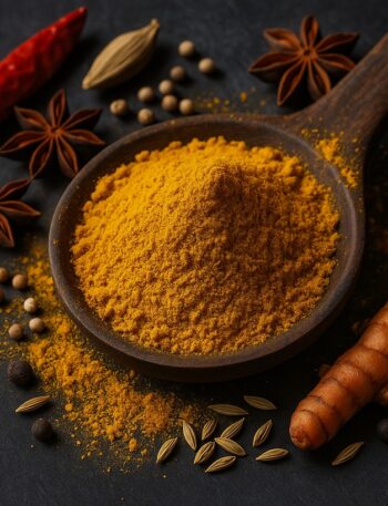 Cucchiaio di legno colmo di curry giallo circondato da spezie intere