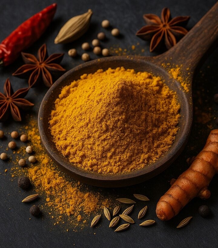 Cucchiaio di legno colmo di curry giallo circondato da spezie intere