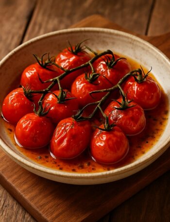 Grappolo di pomodori datterini rossi arrostiti con erbe e pepe in piatto di ceramica