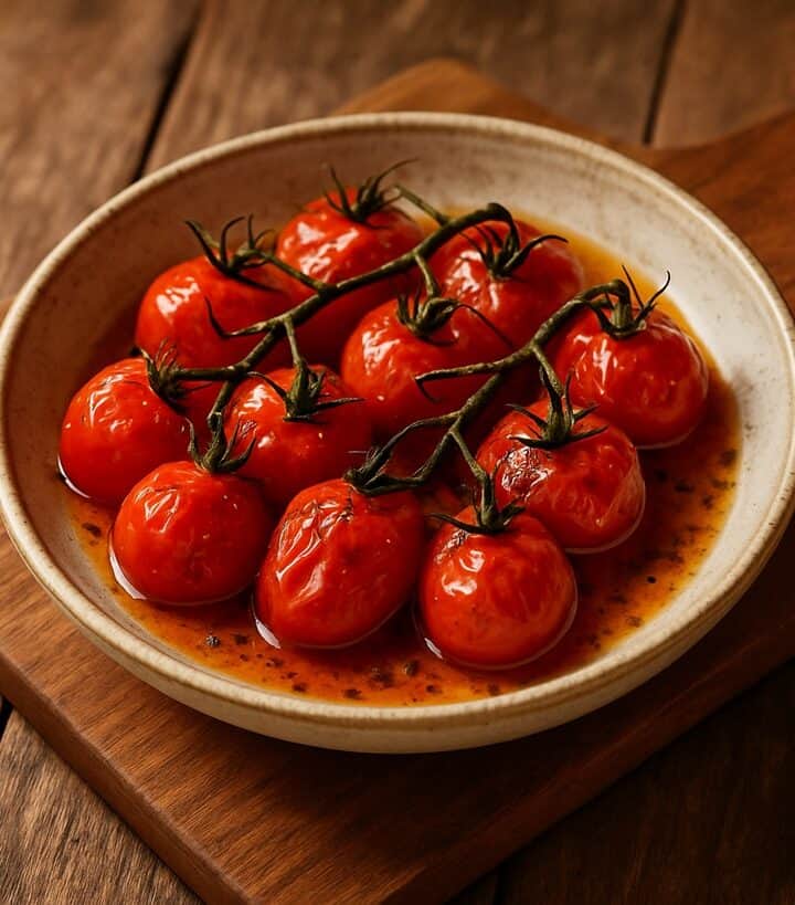 Grappolo di pomodori datterini rossi arrostiti con erbe e pepe in piatto di ceramica
