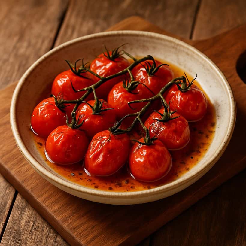 Grappolo di pomodori datterini rossi arrostiti con erbe e pepe in piatto di ceramica