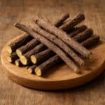 Bastoncini essiccati di liquirizia disposti su un tagliere rotondo di legno naturale