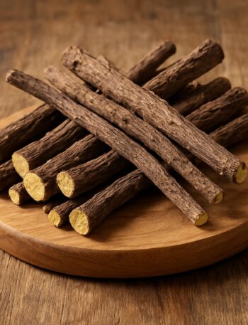 Bastoncini essiccati di liquirizia disposti su un tagliere rotondo di legno naturale