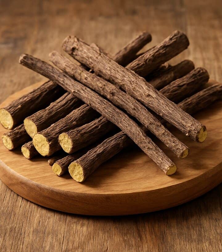Bastoncini essiccati di liquirizia disposti su un tagliere rotondo di legno naturale