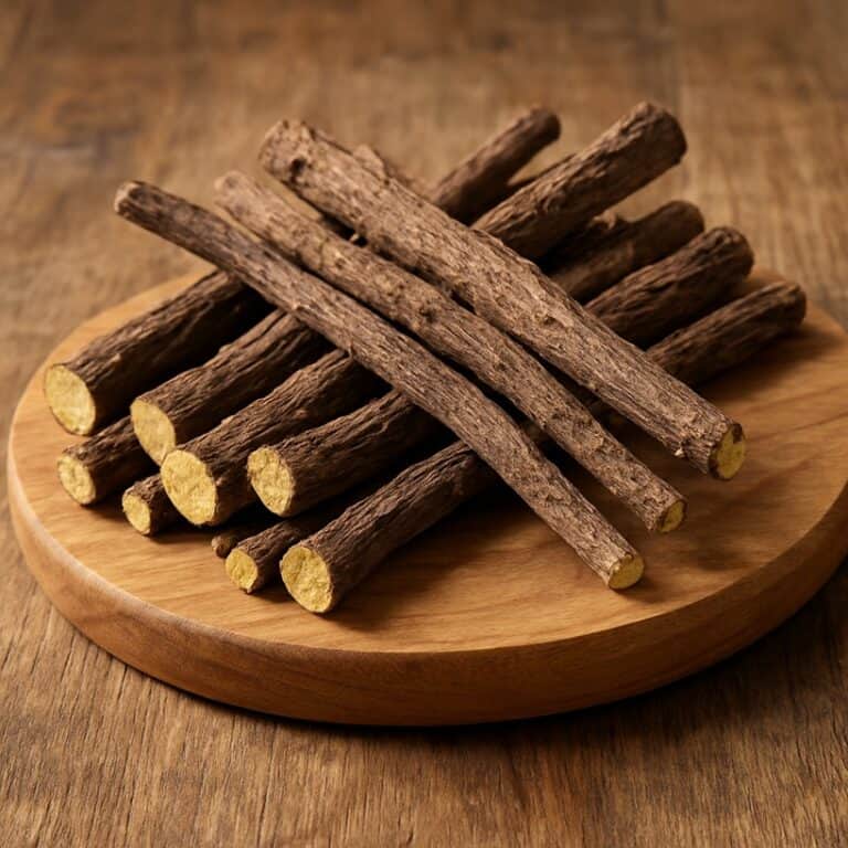 Bastoncini essiccati di liquirizia disposti su un tagliere rotondo di legno naturale