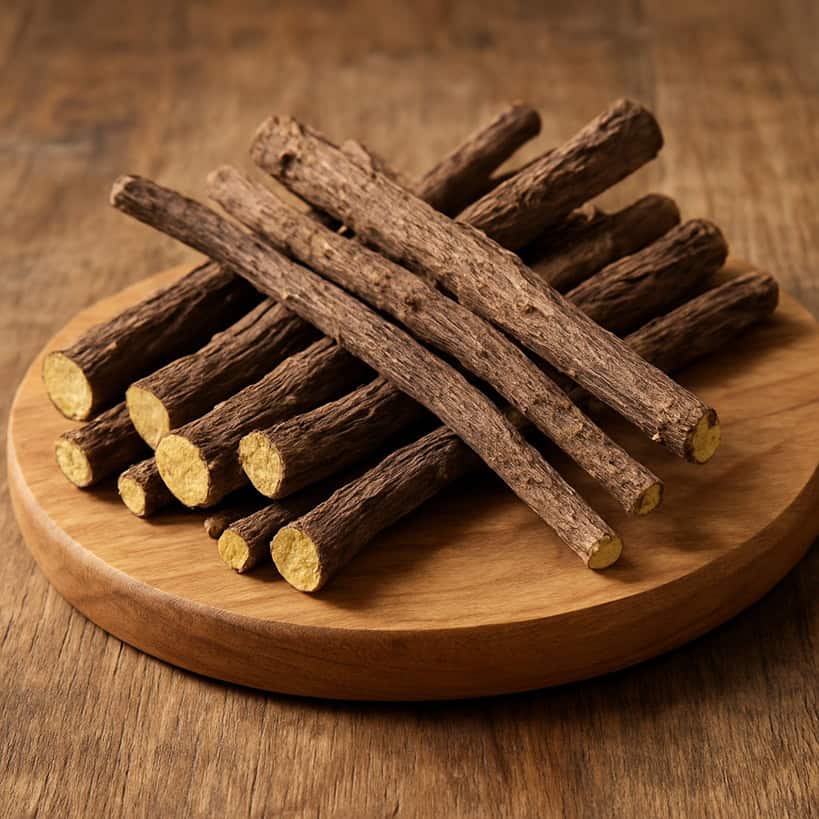 Bastoncini essiccati di liquirizia disposti su un tagliere rotondo di legno naturale