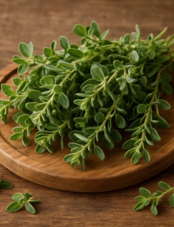 Rametti di maggiorana fresca con foglioline verdi su tagliere rotondo di legno naturale